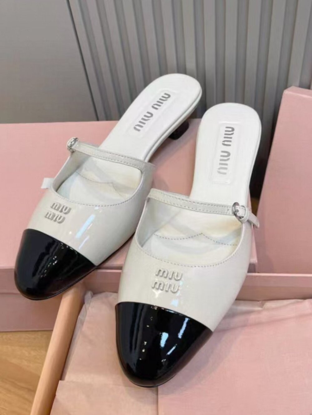 Miu Miu Two‑Tone Patent Mary Jane Mule Low Heel Slides